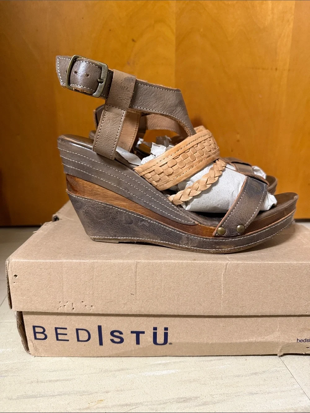 BED|STU Brown and Tan Leather Braided Wedge Sandals